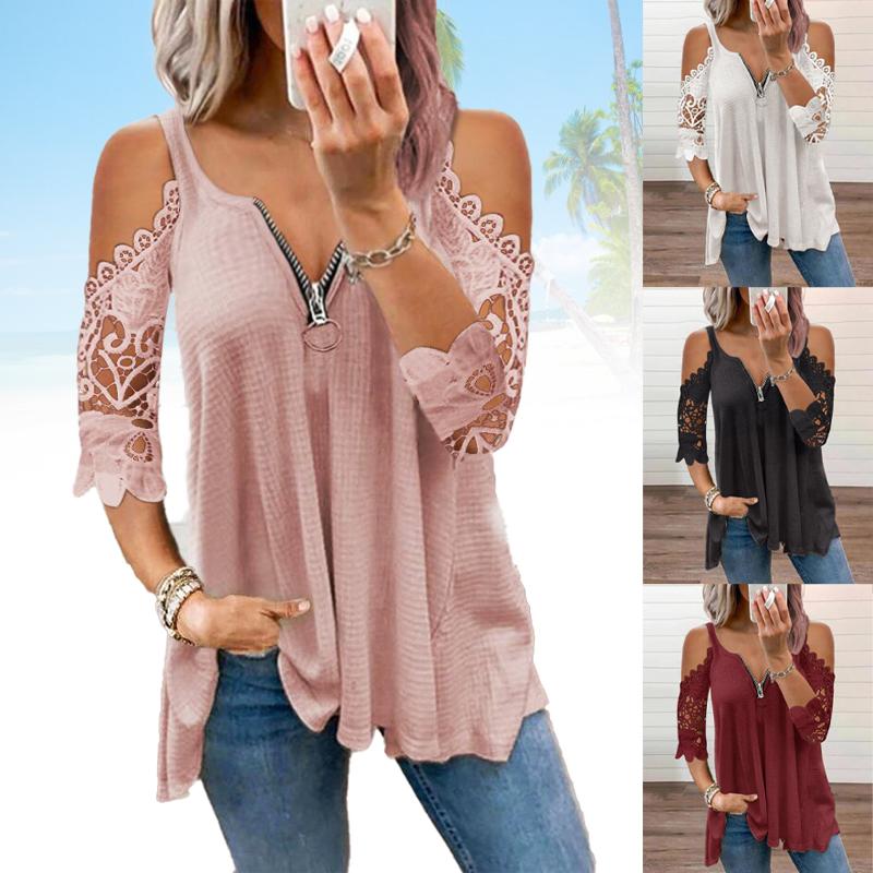 T-shirt da donna con maniche in pizzo, camicetta, top, taglie forti, t-shirt casual da donna con spalle scoperte
