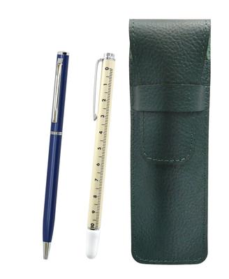 Moss Green Grained Leather Pencil Case with Slide Measuring Stick and Slim Rotating Ballpoint Pen Blue 2-pack Set, SASMG-708W-PD04-L-2