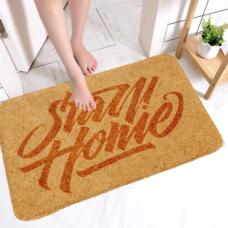 Sunflower Pattern Door Mat with Hello and Welcome Quotes, Natural Coir Rug, Non Slip Entrance Mat for Home Decor and Porch