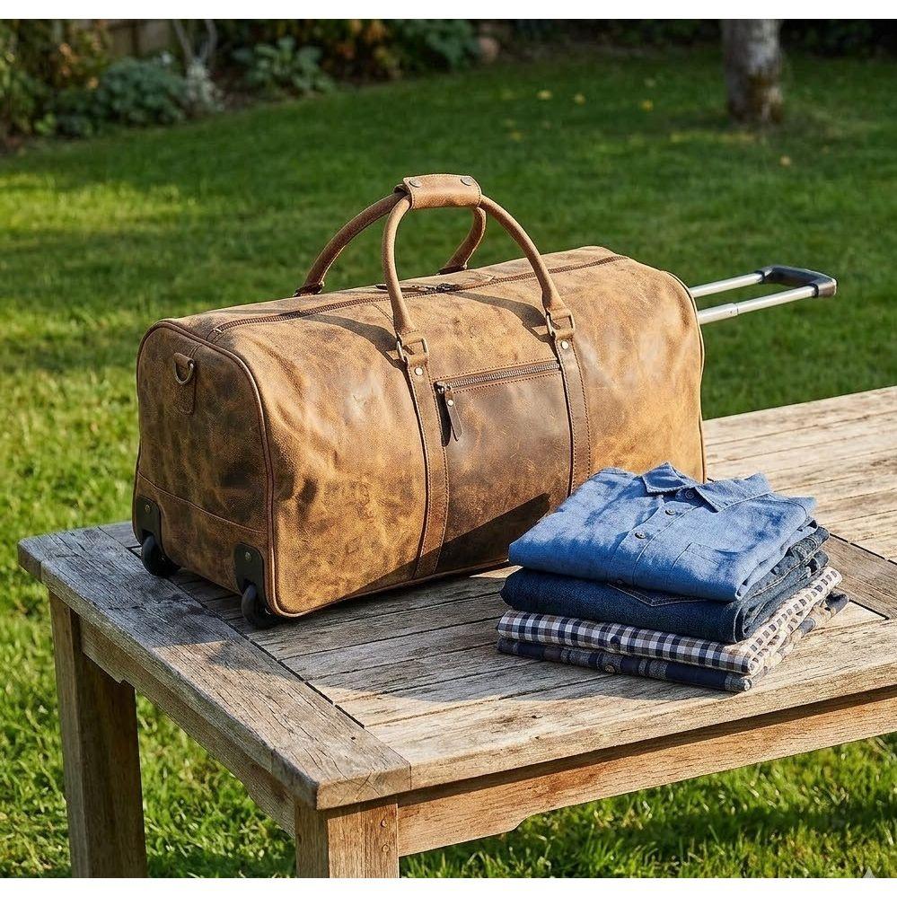 24 Inch Genuine Leather Trolly Duffel Travel Overnight Weekend Leather Bag Sports Gym Duffel Luggage Travel Bag For Men And Women