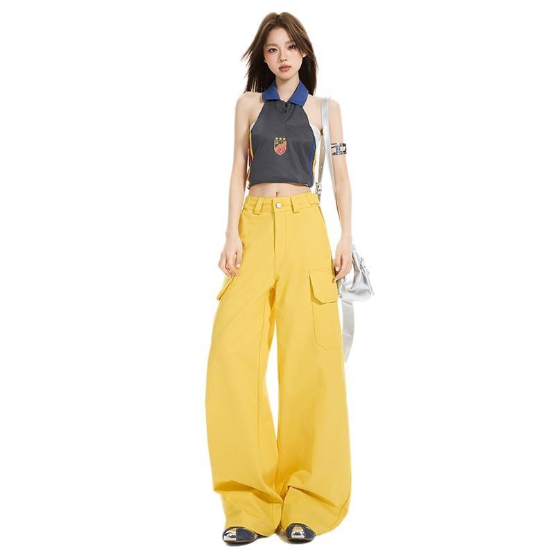 American design drape tooling jeans women's summer street premium yellow loose straight wide-leg casual pants