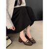 2025 new Retro Women's Pumps Soft Leather Square Head Belt Buckle Shallow Thick High Heeled Mary Jane Shoe Brown/Black