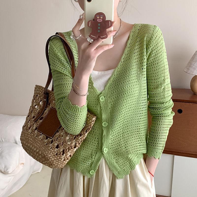 Small Fresh College Hollow Knitted Sweater Cardigan Women's Summer Thin Loose Long-sleeved Sunscreen Shawl Top