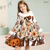 Girls High Neck Long Sleeve Halloween Hedgehog Printed Fluffy Trim Tie Waist A Line Flared Dress