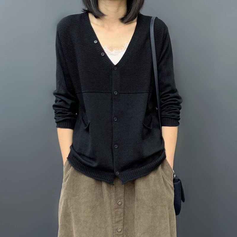 Large Size Knitted Cardigan Women's Autumn Loose Long Sleeved Top Spring Thin Solid Color Sweater Coat
