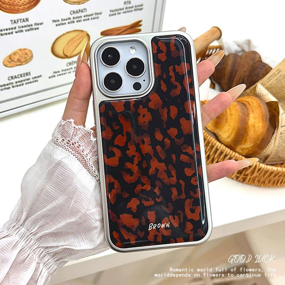 Applicable To Apple 16PM Brown Leopard Pattern Anti Fall Mobile Phone Case Iphone15pro Silver Edge Glue Drop Protective Case