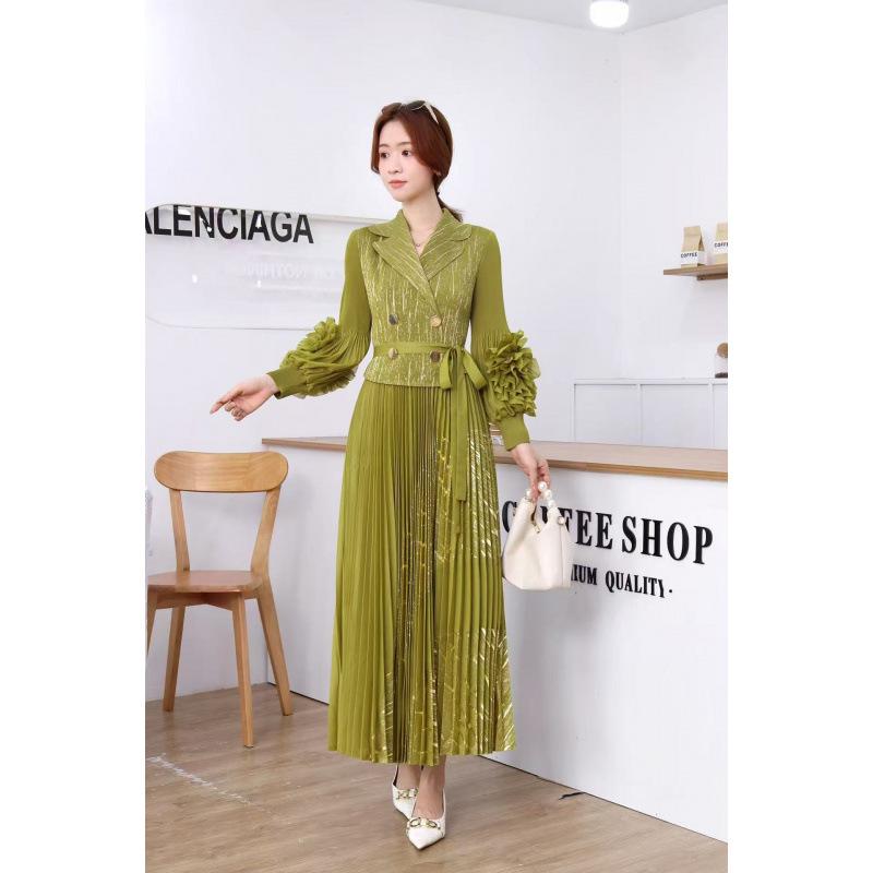 European and American Panhua 3D Floral Pleated Dress with Lantern Sleeves and Large Swing Skirt