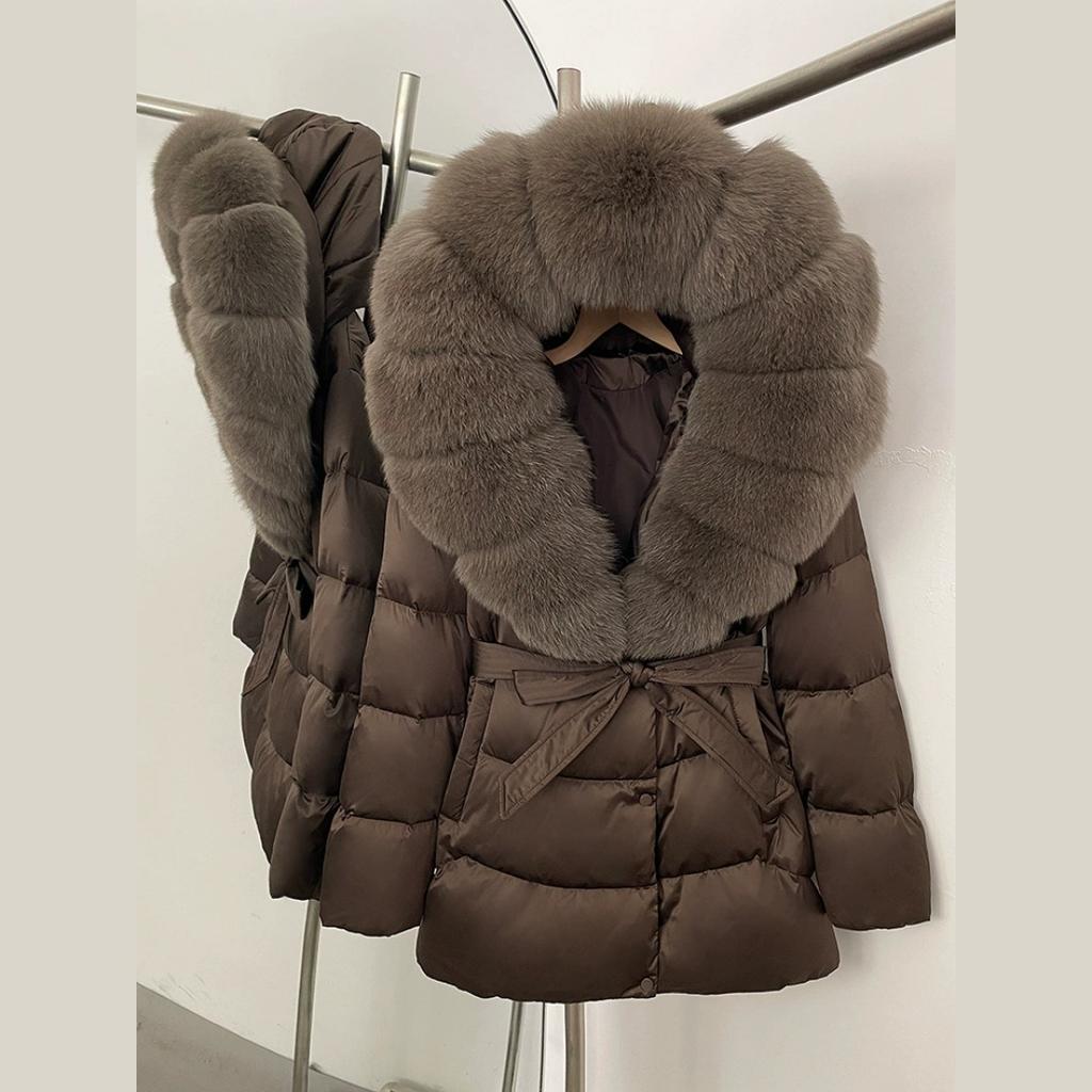 Winter Fox Big Fur Collar High-end Thickened Down Jacket Women's Mid-length Waist Imitation Leather Jacket