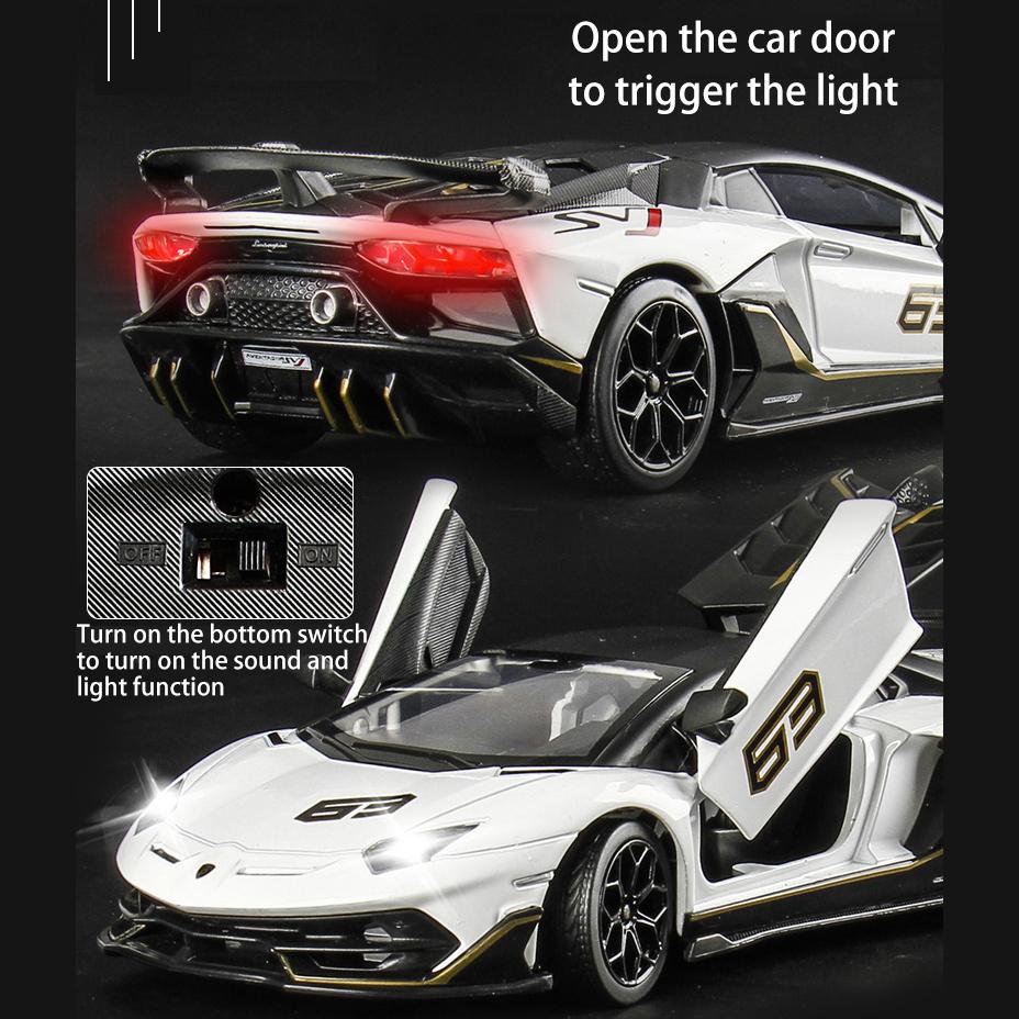 1/24 skala Lambo Aventador SVJ63 odlany model samochodu zabawka, zabawka napędzana typu pull back z dźwiękiem i światłem dla dzieci maluch chłopcy dziewczęta kolekcja prezentów