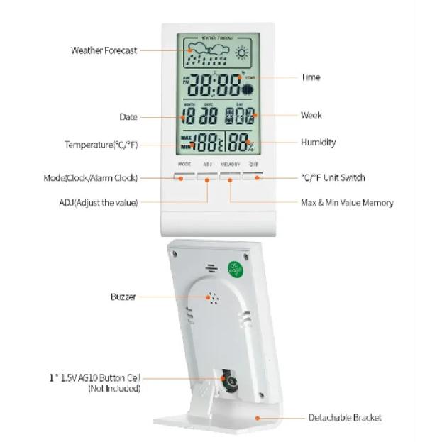 Mini Digital Thermometer Hygrometer Indoor Temperature Humidity Meter Gauge Clock Weather Station Forecast Max Min Value Display
