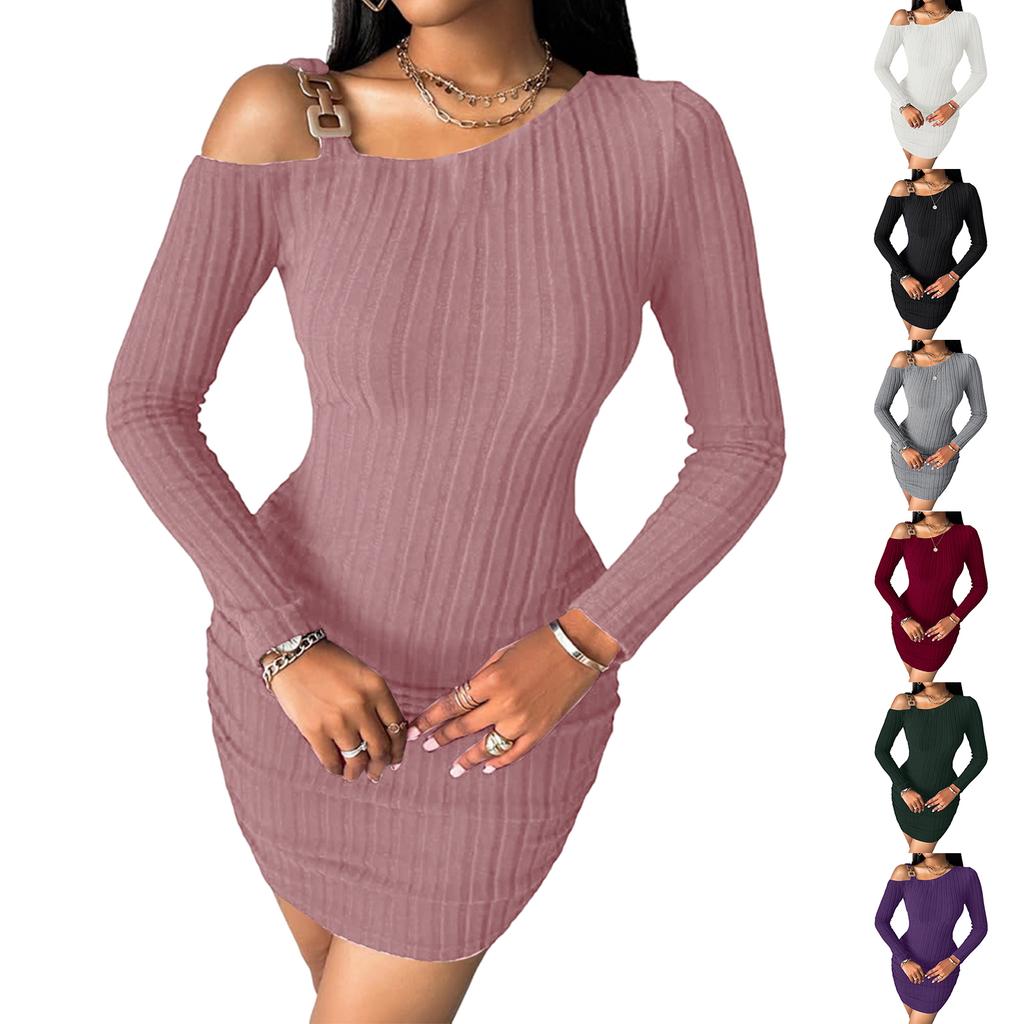 Women's Solid Color Off-the-shoulder Slant Collar Design Sense Bodycon Dress, Stylish, Slim, Sexy Long-sleeved Dress