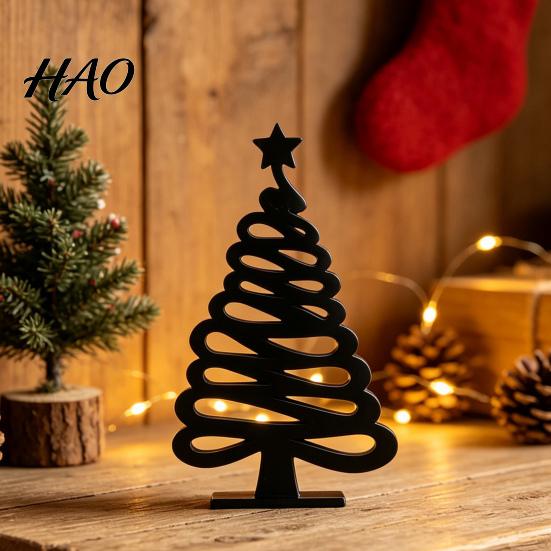 Hand Painted Craft Base 3D Printed Abstract Line Christmas Tree Figurine, Minimalist Xmas Sculpture with Star Creative Window Display Piece Topper for