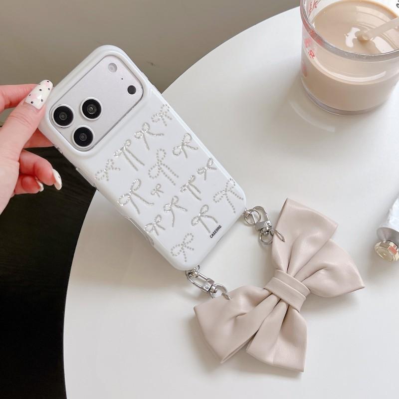 Cute Butterfly Knot Handheld Phone Case IPhone 17 Pro Max - Soft TPU Gel Cover With Chain Strap Pink White Black