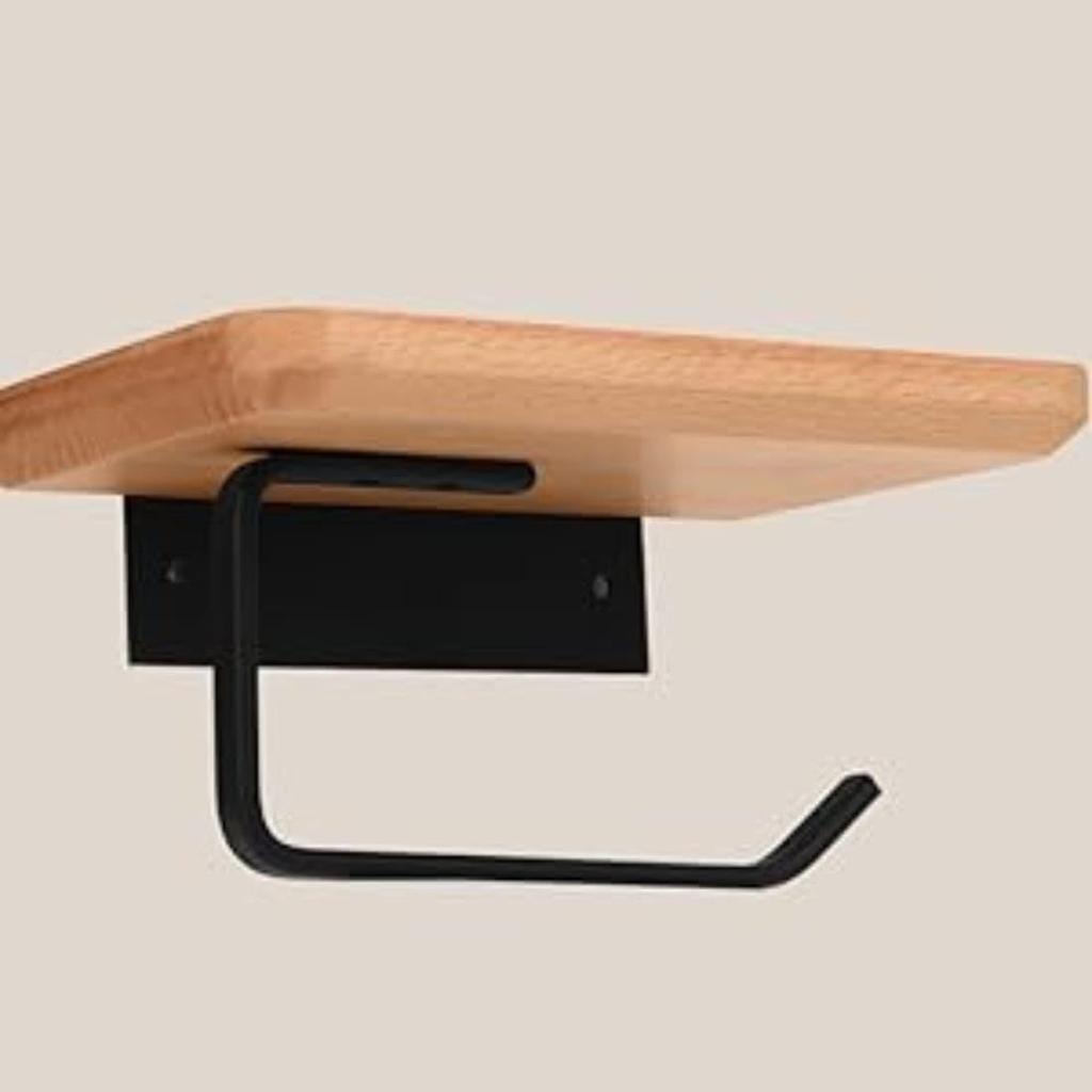 Heavy Duty and Premium Toilet Paper Holder with Shelf Black,Wooden Wall Mount Tissue Paper Roll Holder with Screw - Bathroom Accessories
