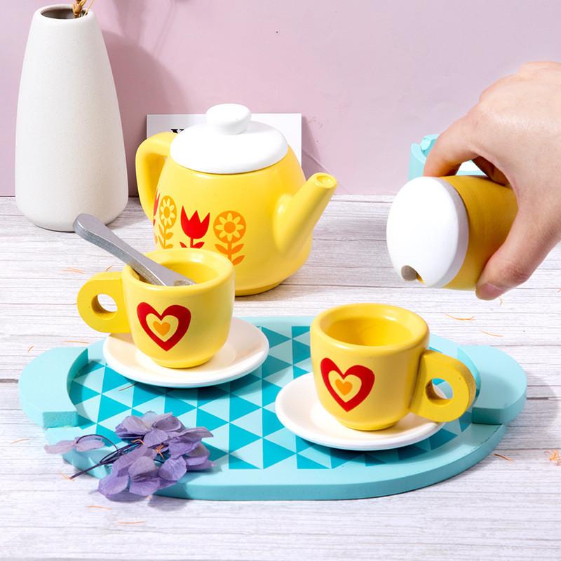 Shaped Wooden Heart Flower Checkered Pattern Afternoon Tea Set Toy Children