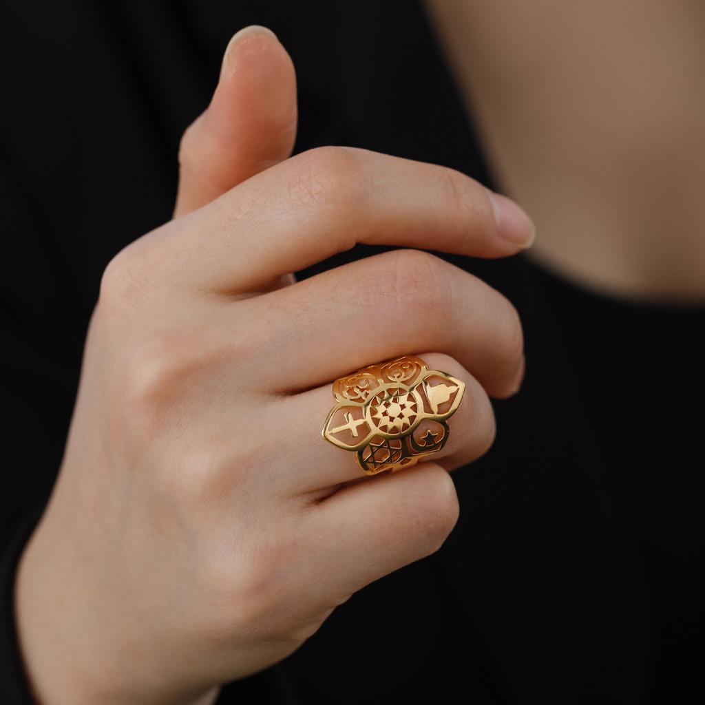 LIKGREAT Stainless Steel Lotus Flower Ring Moon Star Yoga Cross Star of David YinYang Symbol Rings Spiritual Amulet Jewelry