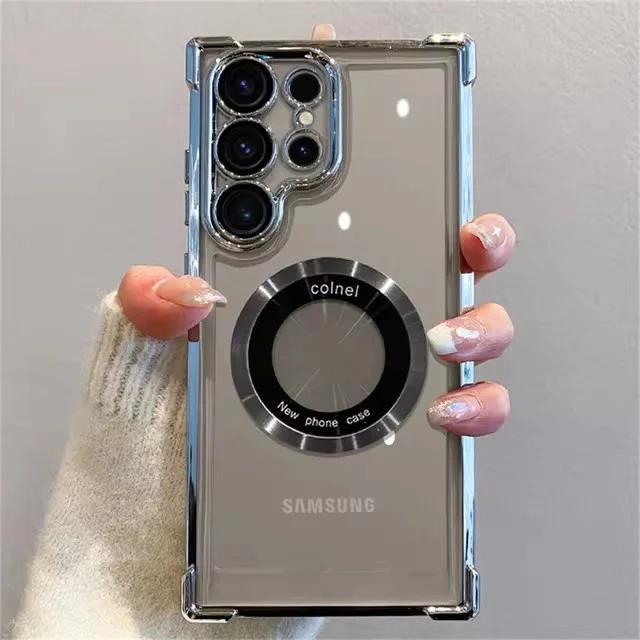 Luxus Galvanisiert Magnetische Kabellose Ladehülle Für Samsung S26 S25 S24 Ultra S23 FE S22 Plus Note 20 Klare Linsen Schutzhülle