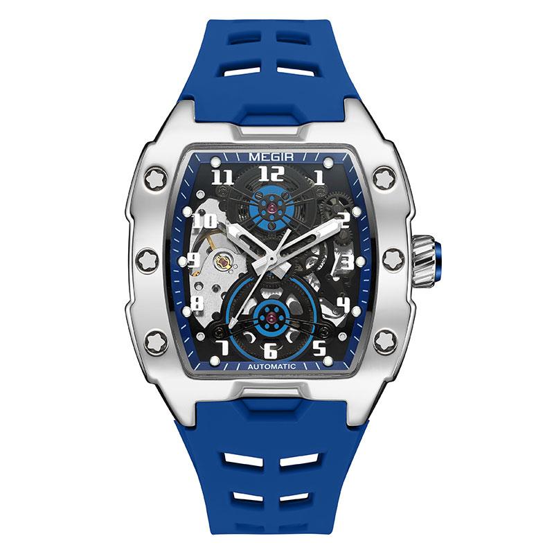 Fashion Megir 8602 Top Brand Sport Automatic Watch Men Waterproof White Silicone Strap Mechanical With Tonneau Hollowed-out Dial