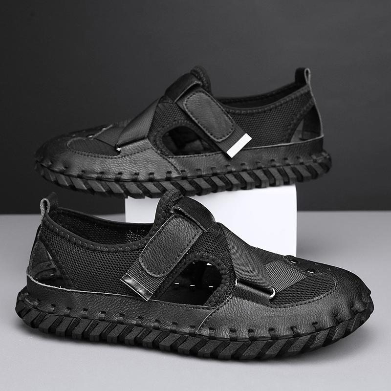 Summer Leather Men's Sandals Handmade Beach Shoes Soft Rubber Mesh Shoes Comfotable Hollow Out Flats Magic Glue Sneakers Sandaly