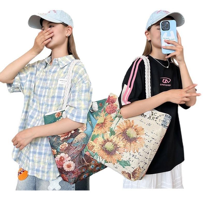 Single-shoulder Bag Fashionable Large-capacity Tote Bag Embroidered Linen Bag