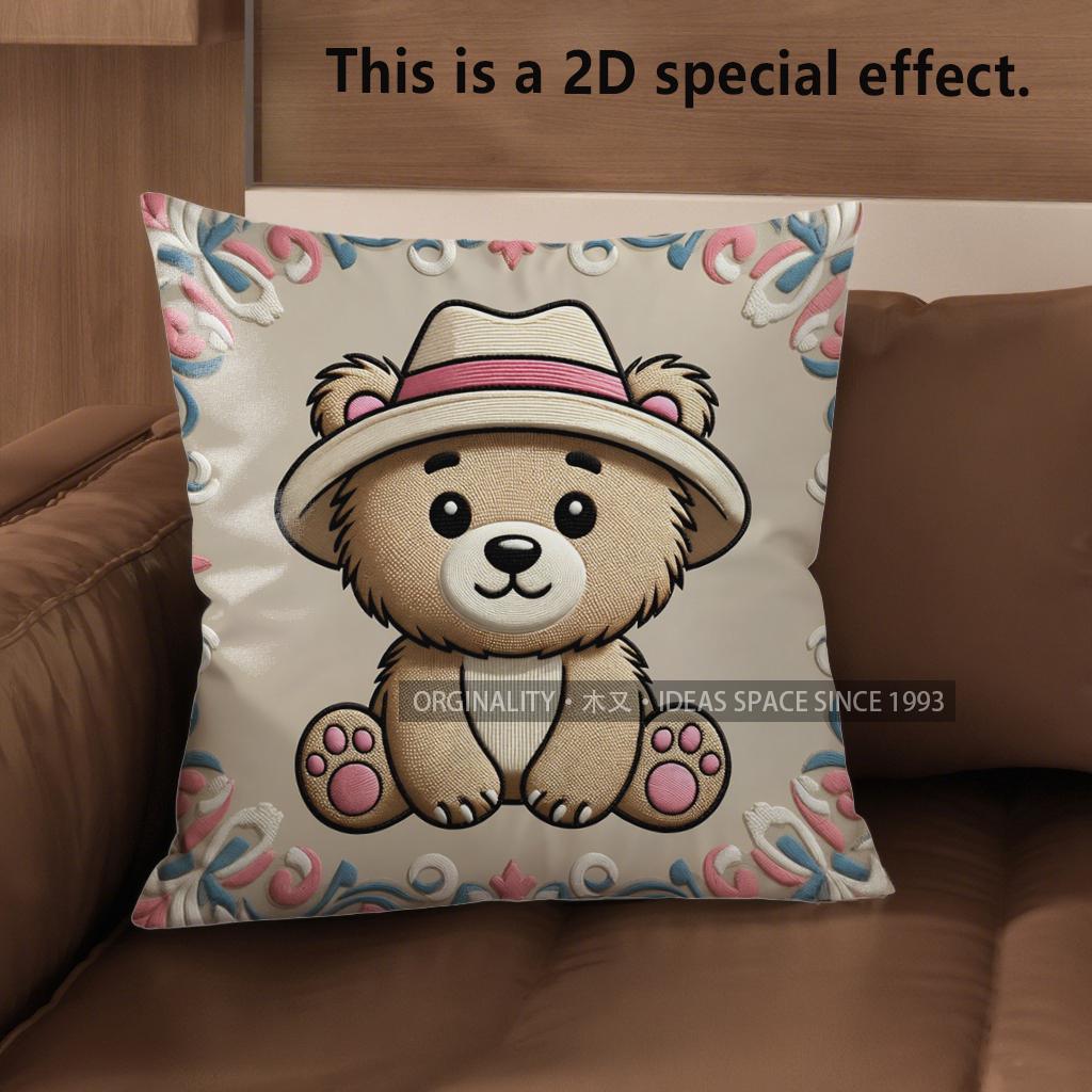 2D Cute Bear-Patterned Throw Pillow Covers Pattern Cushion Cover Suitable For Sofa Bedroom Car Pillow Cover