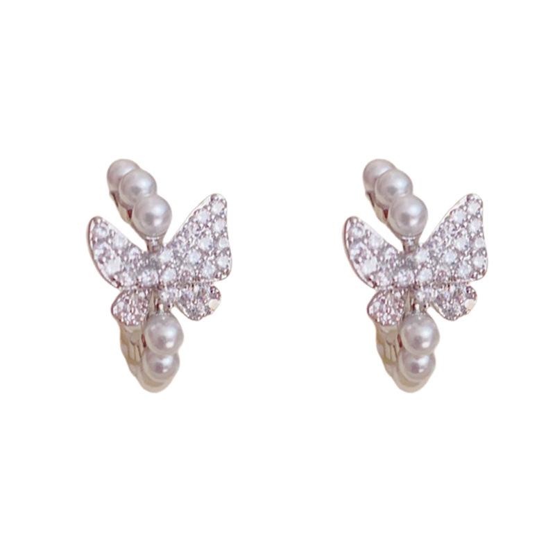 French Style Gentle Sweet Rhinestone Butterfly Pearl C Shaped Hoop Earrings For Women