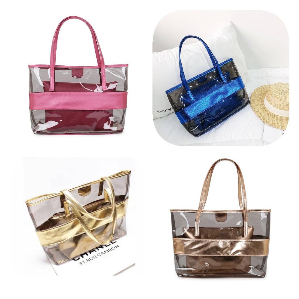 Stylish Pvc Transparent Jelly Beach Bag Waterproof Shoulder Bag In Rose Red Blue Gold Brown