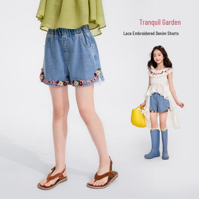 Girls  Lace Embroidered Denim Shorts 140