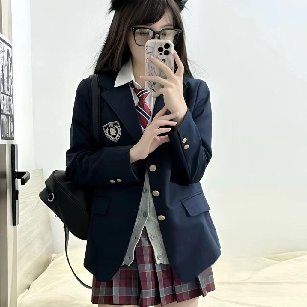 Blazer pour femme à col cranté et manches longues, surdimensionné, uni, à un bouton, uniforme JK, veste d'étudiant preppy pour les trajets quotidiens