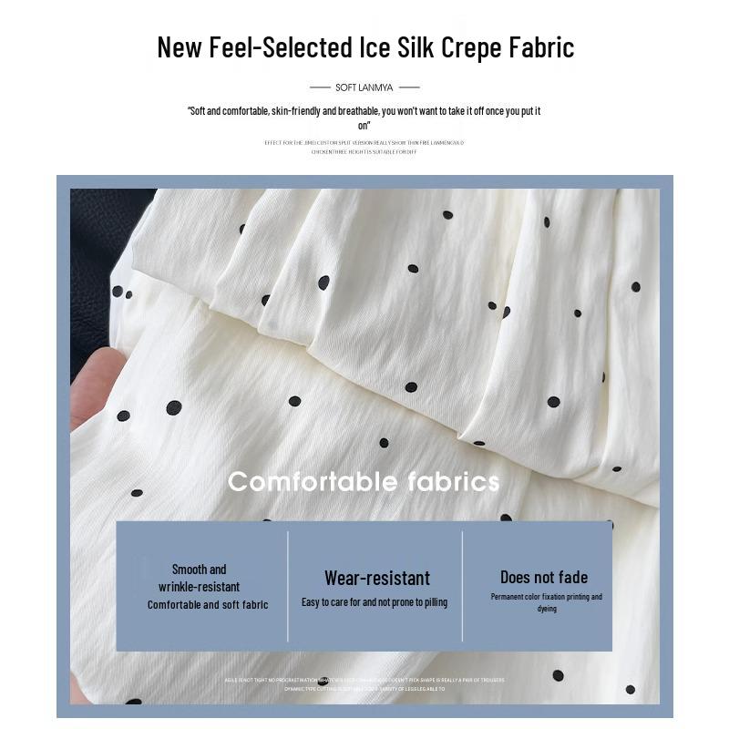 Women's Petite High Waist Polka Dot Ice Silk Wide Leg Pants