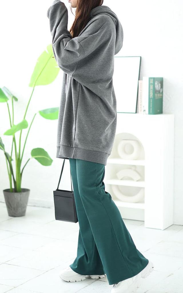 Gold Japan Plus Size Long Elastic Green Women's Pants, Flared, Ribbed, Stretch, Waist, Spring/Summer, Fall/Winter, maru-6732, 3L,