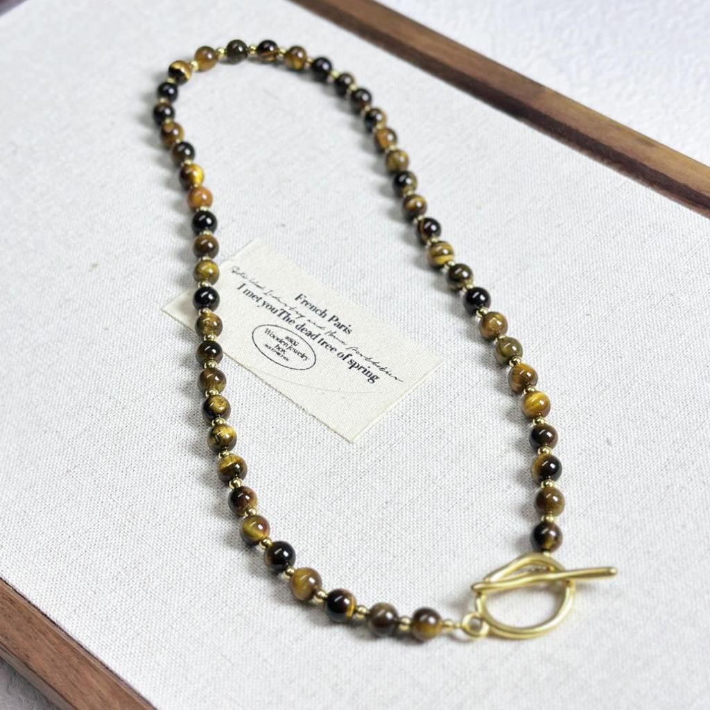 Elegant Tiger Eye & Melanite Beaded Necklace with Stainless Steel OT Buckle - Fashionable Collarbone Chain