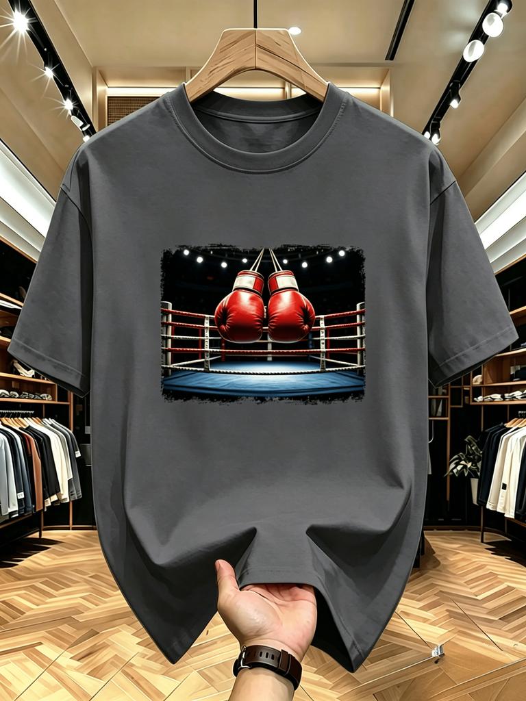 Unisex O Neck Tee Boxing Gloves Arena Scene Graphic Print Cotton Short Sleeve Loose Summer Breathable Daily Casual Basic Wear Top