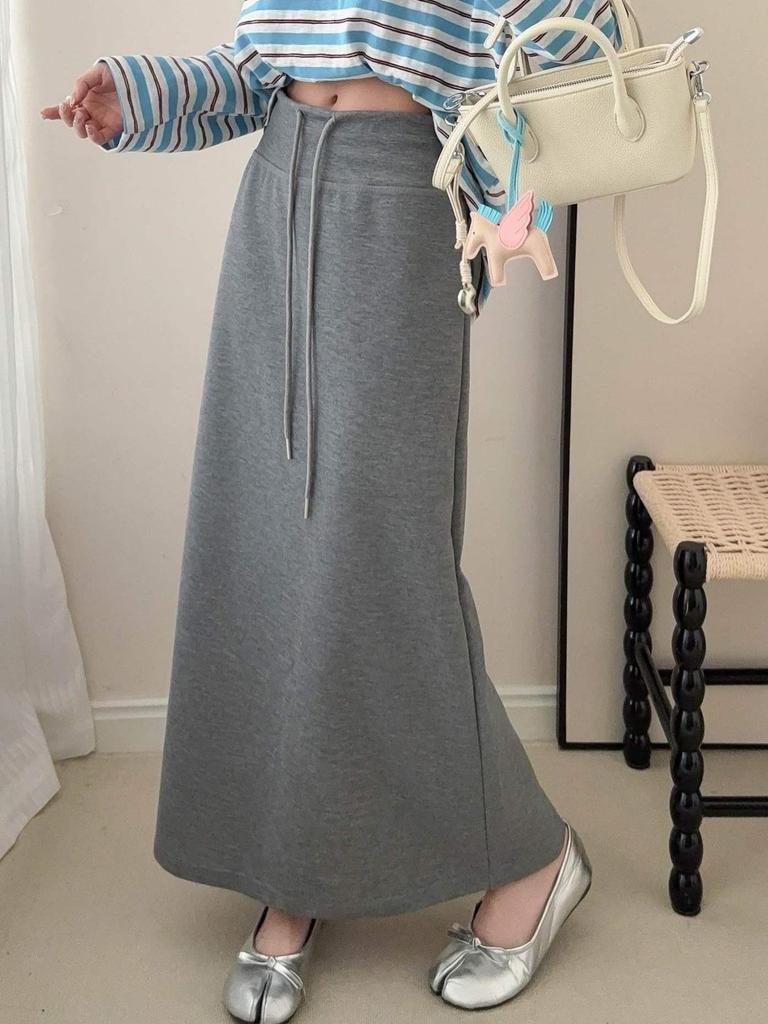 Korean High-Waisted Drawstring Midi Skirt for Women, Early Spring Casual Slimming Fit