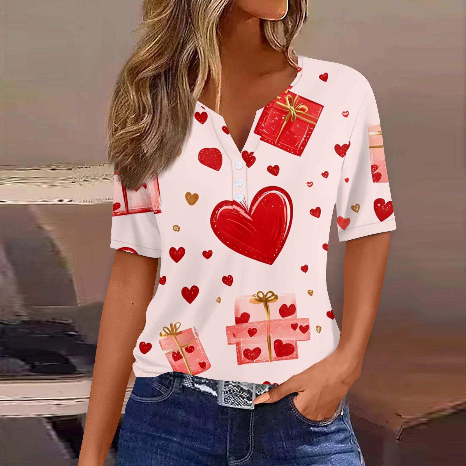 

Жіноча футболка з принтом до Дня Святого Валентина Туніка з короткими рукавами Щоденна мода на вихідні Базовий V-подібний виріз Звичайний топ XXL червоний