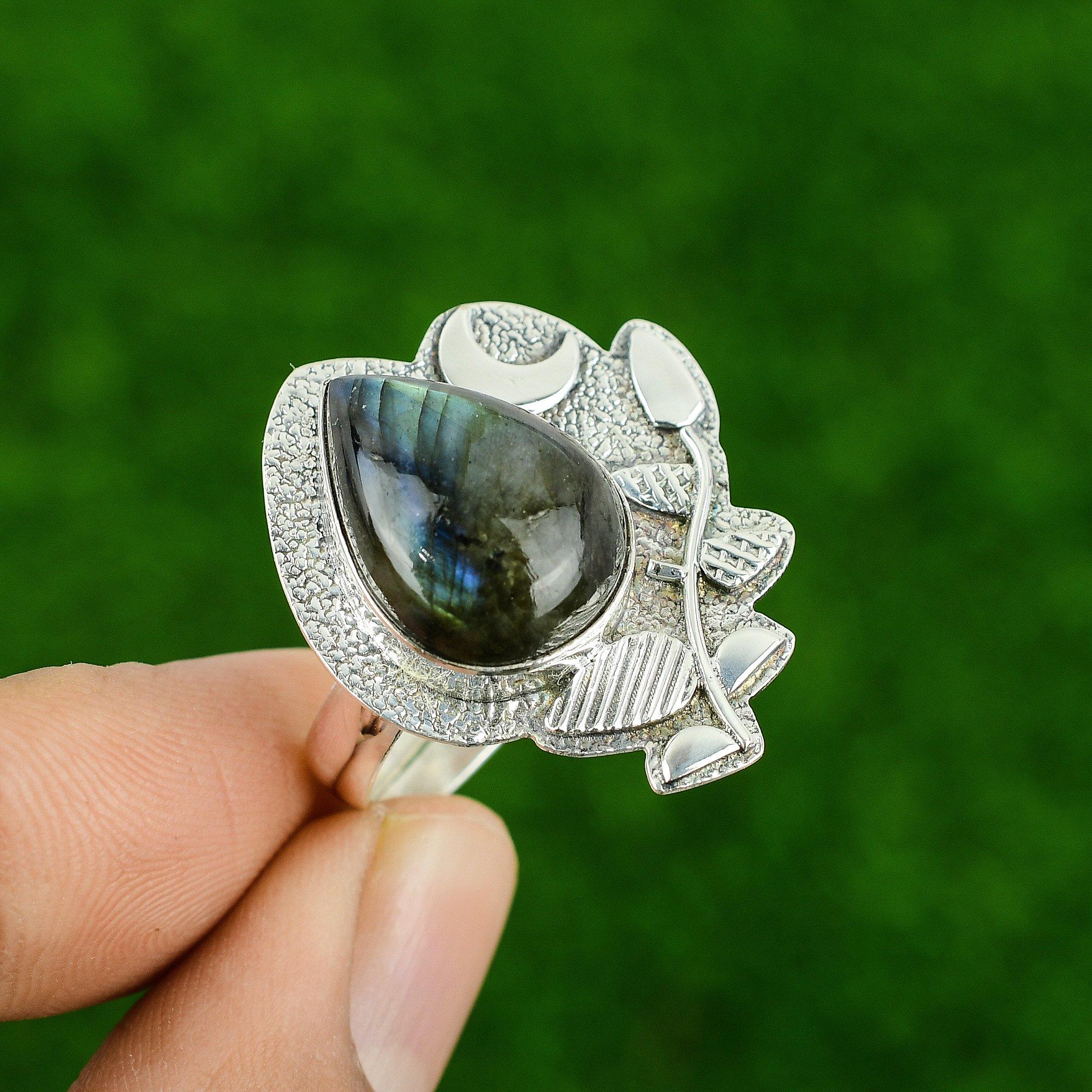 

Серебро 925 пробы Груша Натуральный Лабрадорит Ручной работы Кольцо Обещания в виде Полумесяца Adjustable