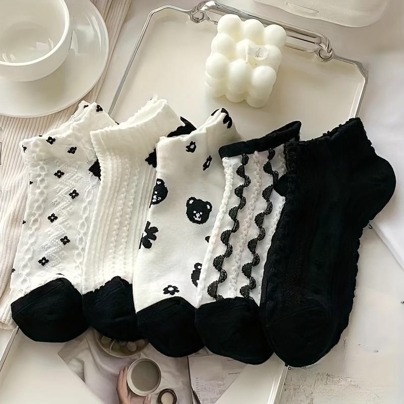 

5 Pairs Flower Bear Socks, Cute And Sweet Ankle Socks, Women S Stockings Socks 5pairs