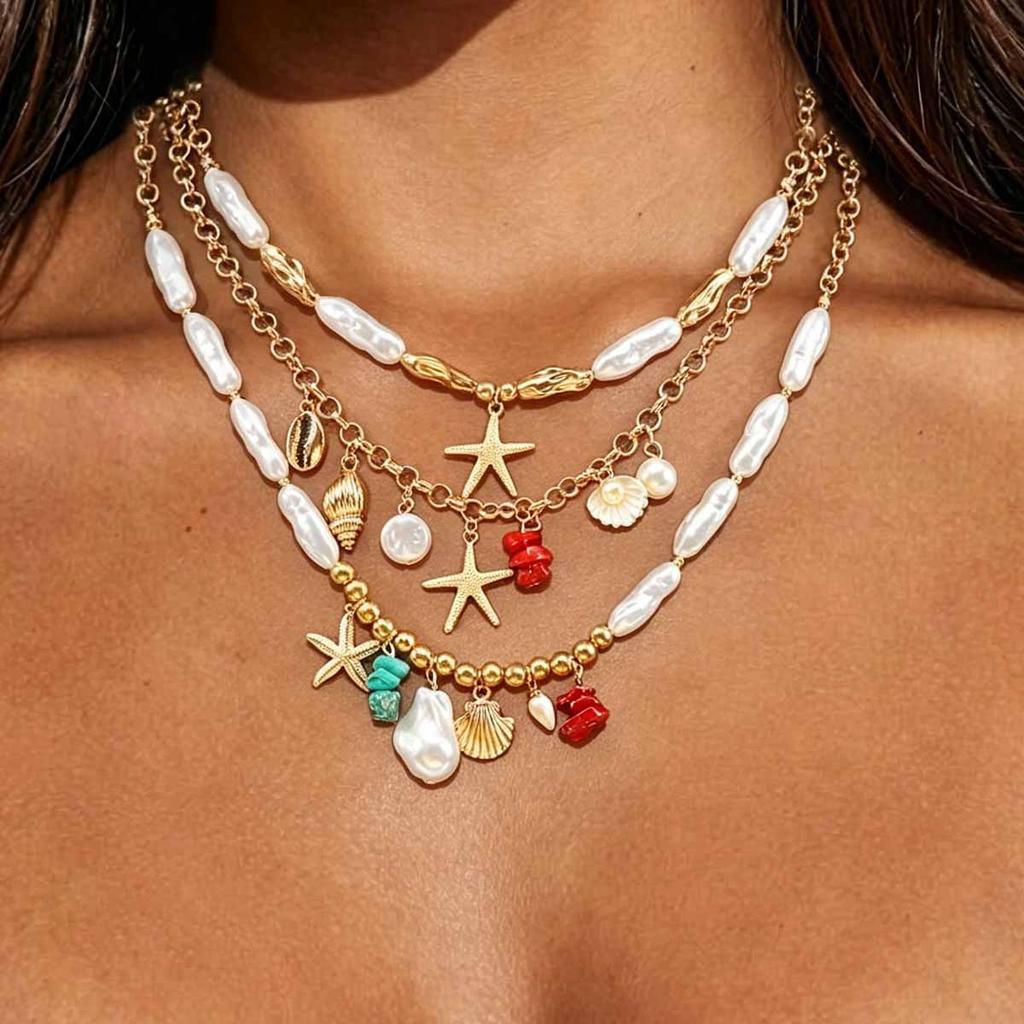 N11100 Bohemian Colored Gravel Starfish Necklace Niche Irregular Pearl Beaded Clavicle Chain