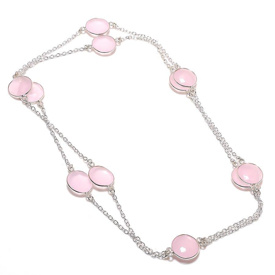 

Natural Pink Chalcedony Gemstone 925 Sterling Silver Jewelry Necklace 36 q6j34