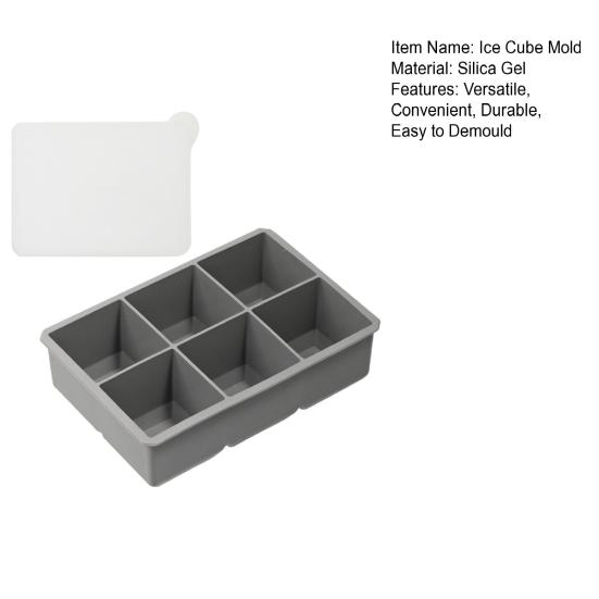 Ice Cube Mold Large Silicone Square Ice Cube Tray 6 Grids Design Ice Making Mold with Lid for Home Kitchen