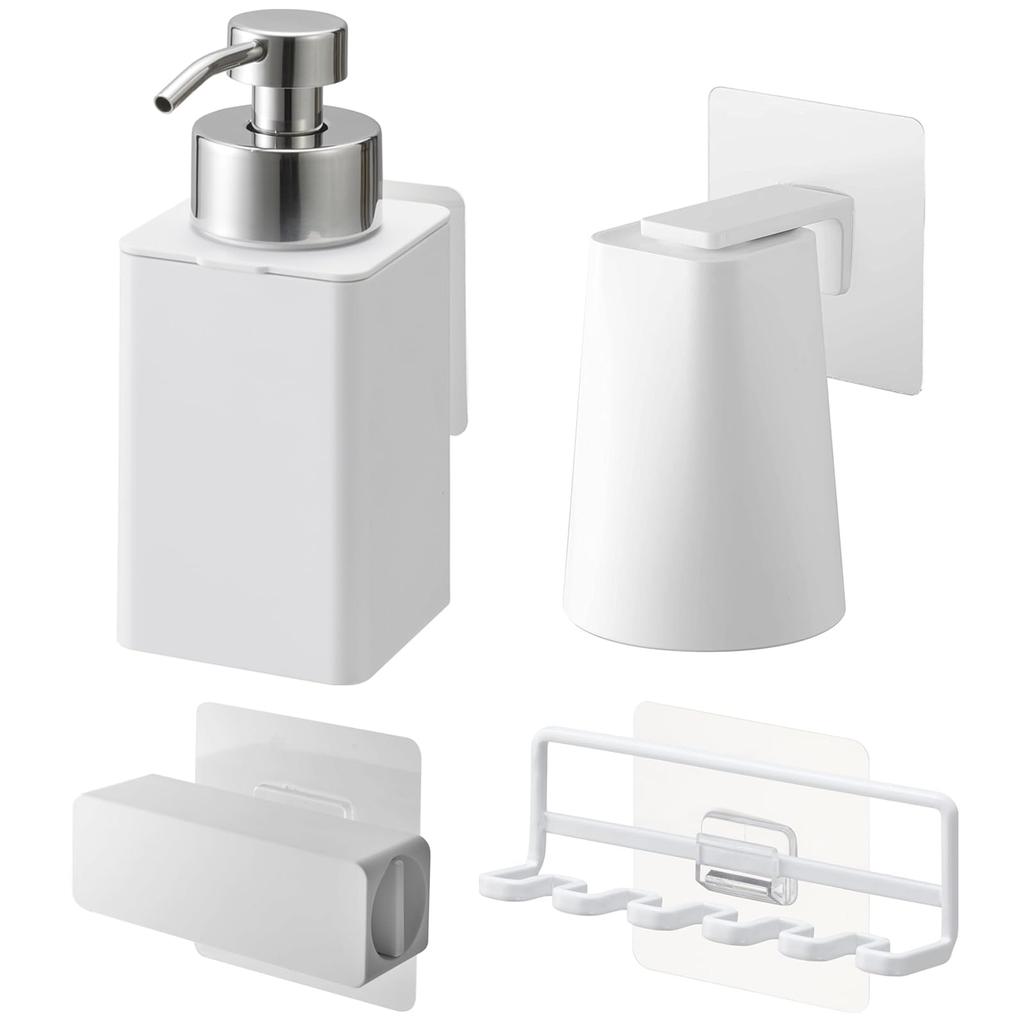 Yamazaki Dispenser & Toothbrush Holder & Magnetic Tumbler & Toothpaste Tube Holder [Set of 4] Film Hook Floating Storage Washbasin Tower White 3683
