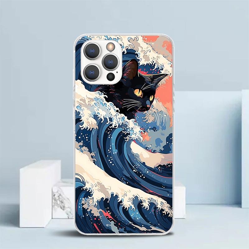 Anime Cat Sea Wave Aesthetic Phone Case For IPhone 16 17 Air 16E 15 14 Plus 13 Mini 12 11 Pro Max 7 8 + SE 2020 Soft TPU Back Co