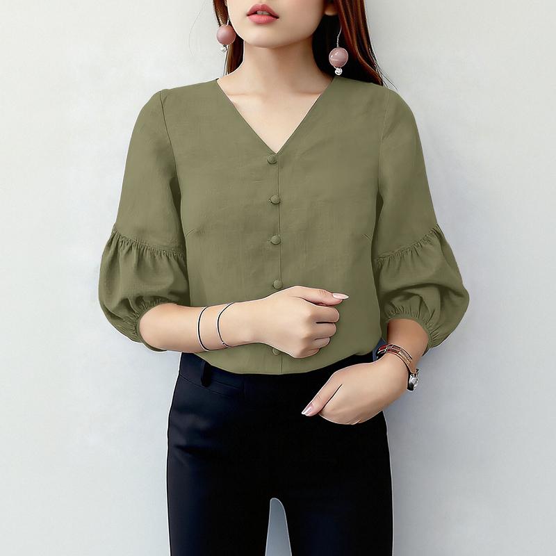 ZANZEA Women Casual V-Neck Solid Color 3/4 Sleeve Loose Blouse