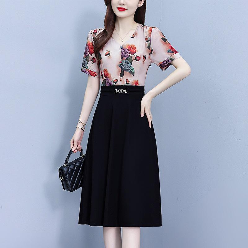 

Женское платье из двух частей с цветочной лоскутной отделкой и короткими рукавами L