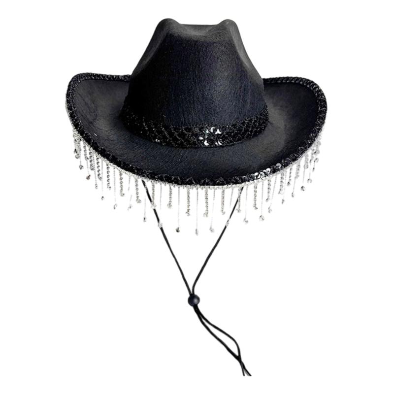 Decorative Rhinestones Bridal Hat With Lace Tassels Detailing Panama Hat for Bachelorette Party Stage Dancing
