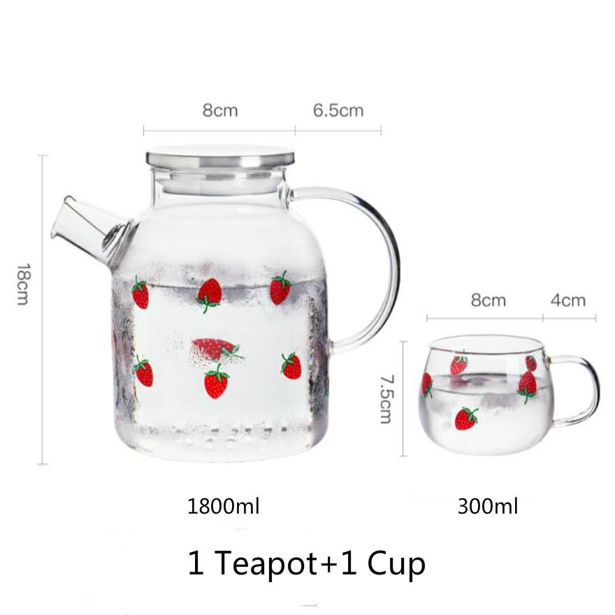 Ceainice de sticlă cu căpșuni, stil japonez de 1,8 l, pentru băuturi reci și calde, set de ceainice pentru acasă și birou
