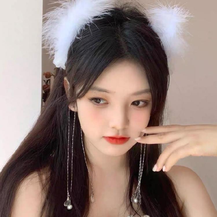 Feather Headband with Tassel White Feather Hair Hoop Headwear for Women