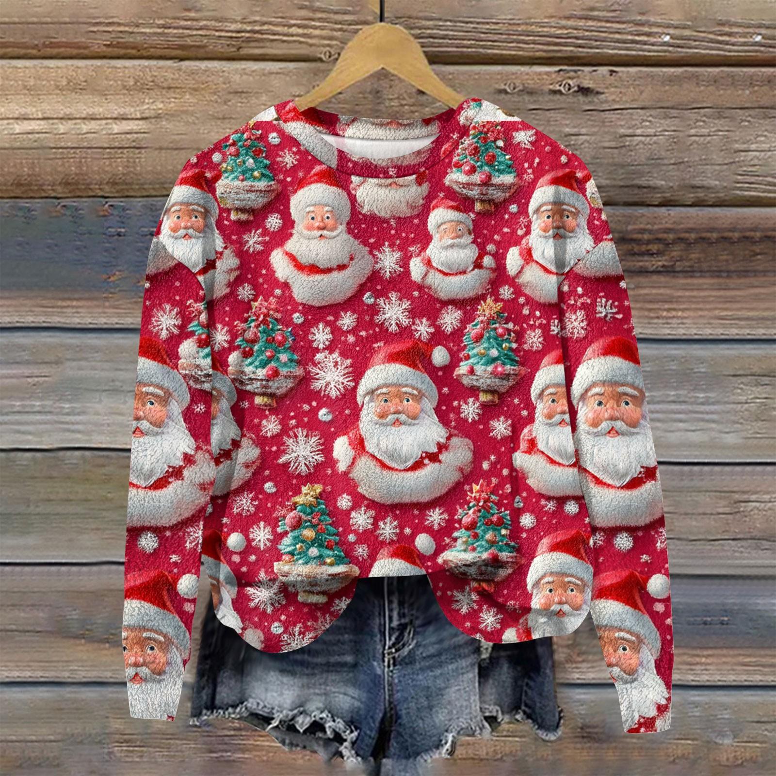 

Женская мода с длинным рукавом плюшевый принтованный свитшот пуловер топ XL арбуз красный