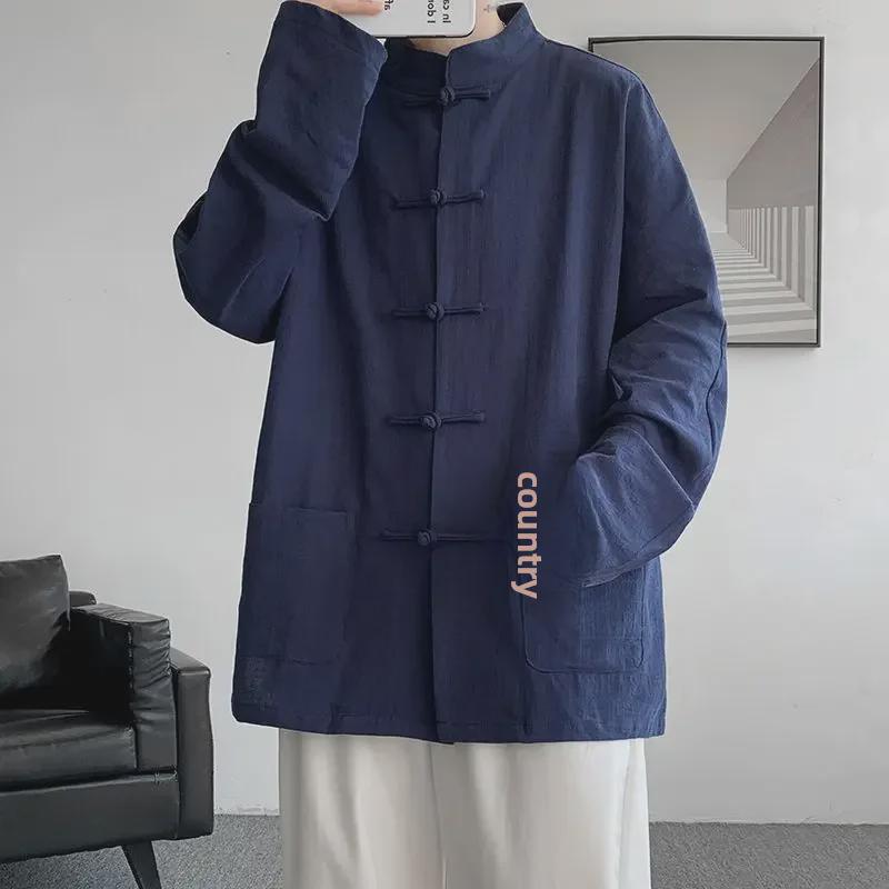 Cămașă din in în stil chinezesc și costum Tang pentru bărbați - costum Zhongshan, Hanfu, costum de ceai nou, rochie lungă, jachetă