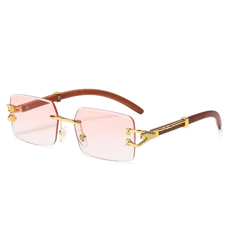 Classic Vintage Rimless Square Leopard Head Sunglasses Ladies Men Fashion Luxury  Designer Travel Wooden Metal Sun Glasses